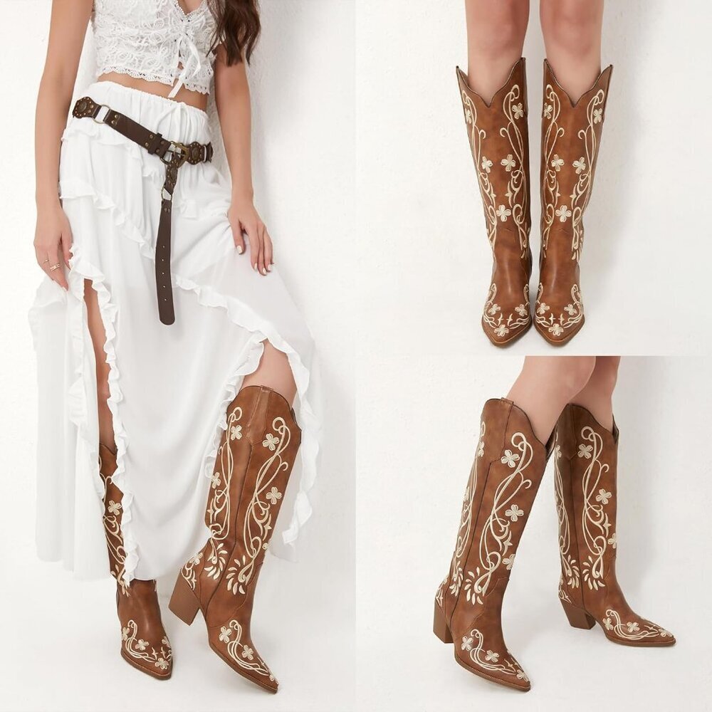 Women's Knee High Heel Floral Embroidered Brown Classic Design Western Boots - Picture 5 of 8